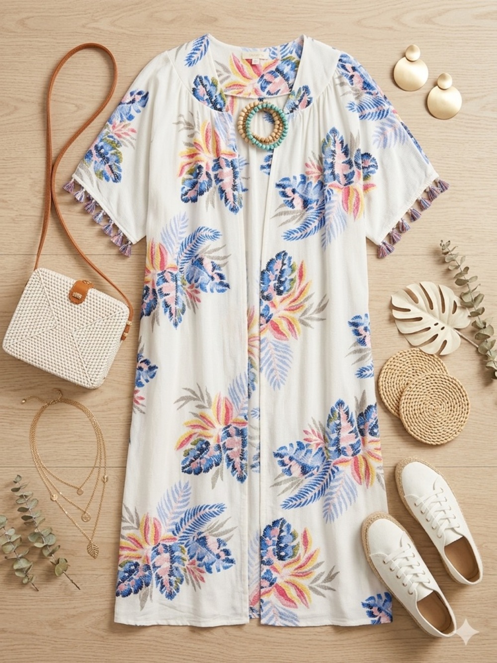 Tropical Duster Cardigan kimono BOHO VACAY CHIC Embroidered Palm Resortwear